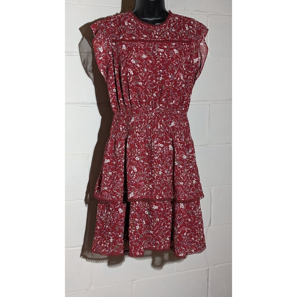 Citrus Tiered Ruffled Dress Floral Print Maroon Smocked Waist Sleeveless Small